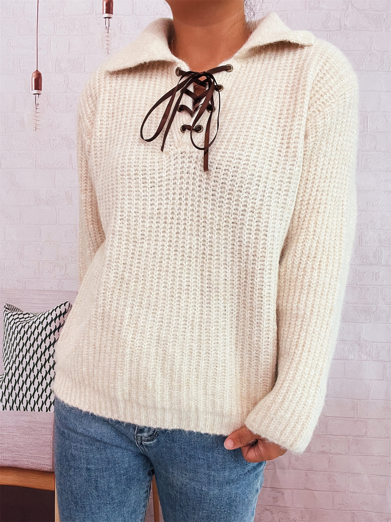 Simple Commute Lapel Tied Knitted Pullover Solid Color Loose Sweater