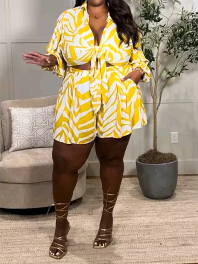 Sexy Print Plus Size Two piece Vacation Set Yellow - Shop at LoveMi