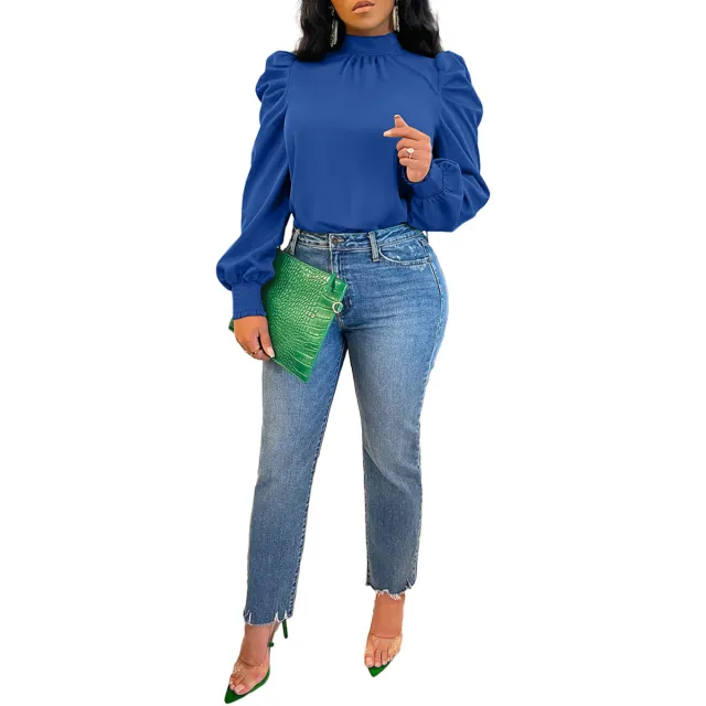 Stand Collar Puff Sleeve Back Lace up Top Blue - Shop at LoveMi