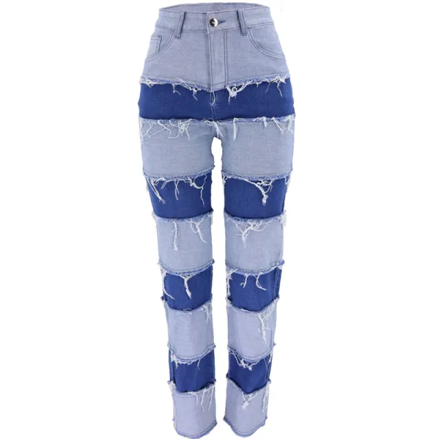 High Waist Tight High Elasticity Stitching Wide leg Pants Women Dark Blue - Shop at LoveMi