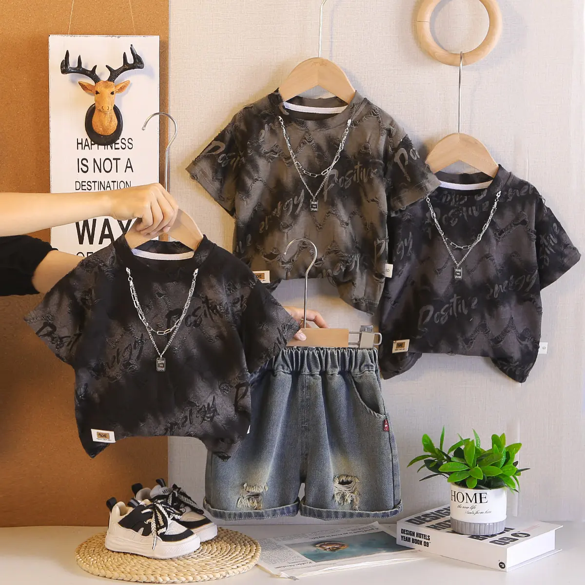 Boys Summer Outfit Stylish Denim Shorts Two-Piece