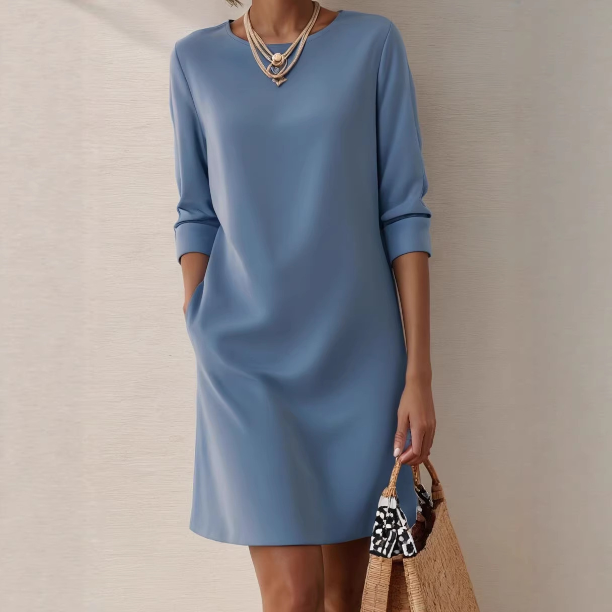 New Solid-Color Crew-Neck Long-Sleeve Loose Casual Pocket Dress