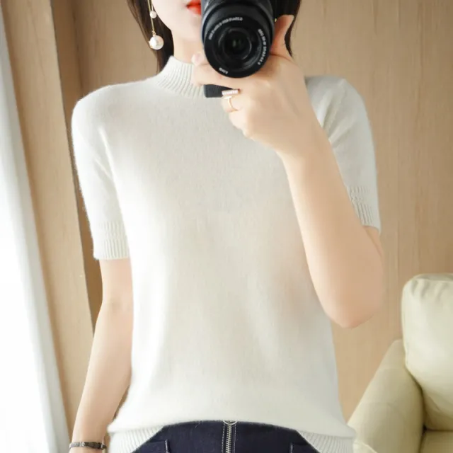 Mock neck Mid length Sleeve Lightweight Sweater Women Beige - Shop at LoveMi