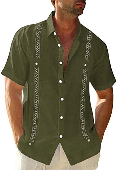 Men's Short-sleeved Linen Cuban Beach Top Pocket Guayabella Shirt