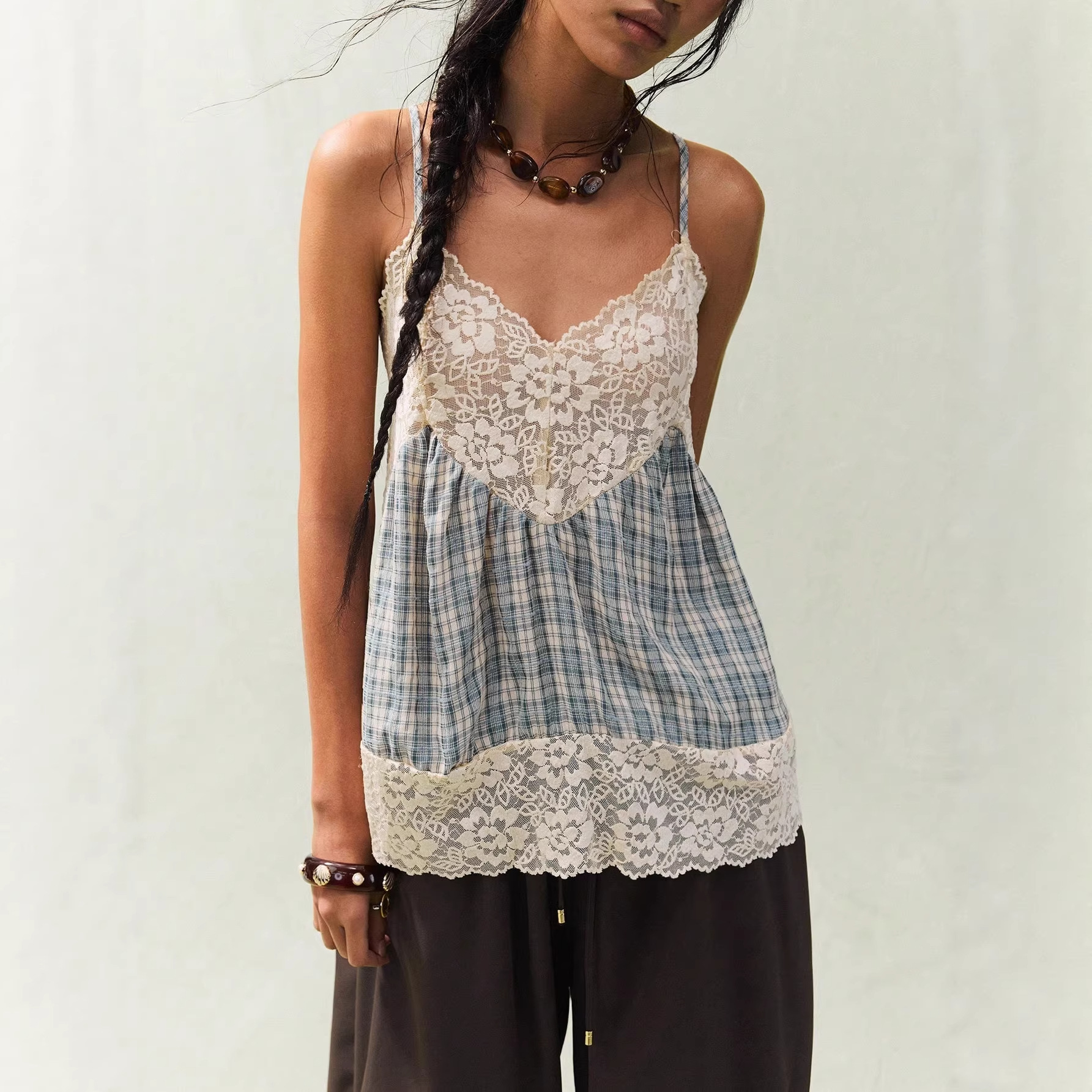 Retro Lace Patchwork Plaid Suspender Dress For Women
