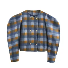 Color Matching Plaid Woolen Round Neck Double Breasted Jacket Short Coat - Picture Color-S - View 1