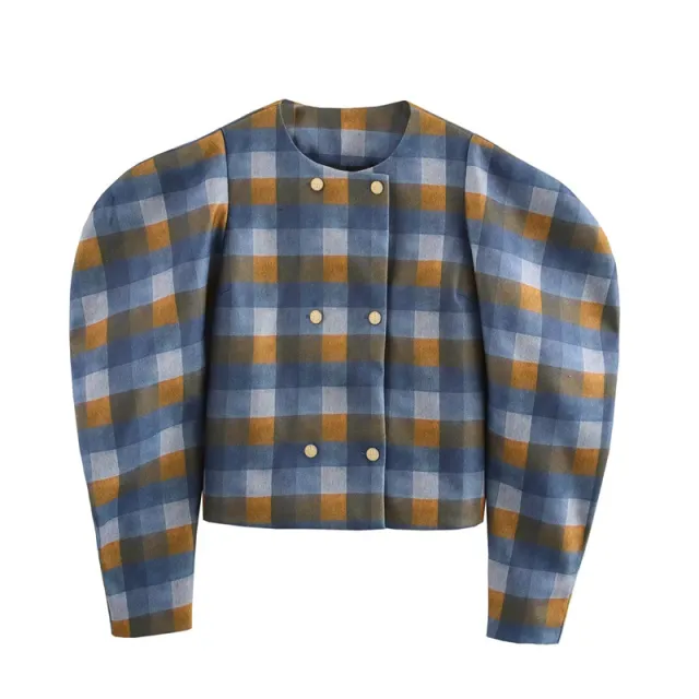 Color Matching Plaid Woolen Round Neck Double Breasted Jacket Short Coat Picture Color S - Shop at LoveMi
