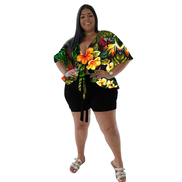 Women's Plus Size Casual T Shirt And Shorts Set With Print Black - Shop at LoveMi