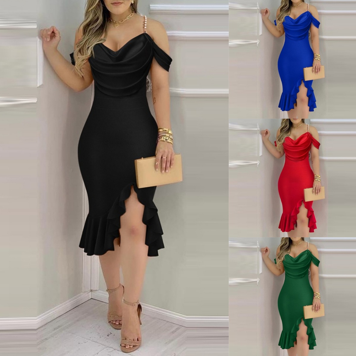 Pearl Chain Decorated Mock Two-Piece Boat-Neckline Dress