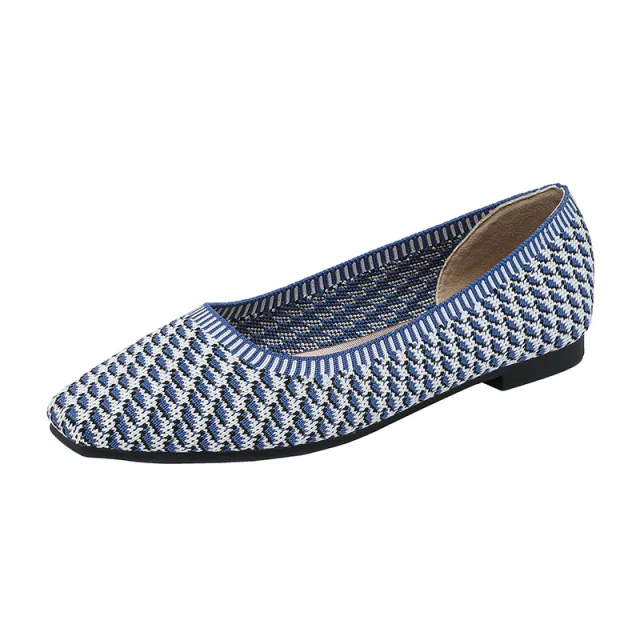 Gold Silk Color Matching Pointed Toe Shallow Mouth Square Toe Flat Shoes Blue - Shop at LoveMi