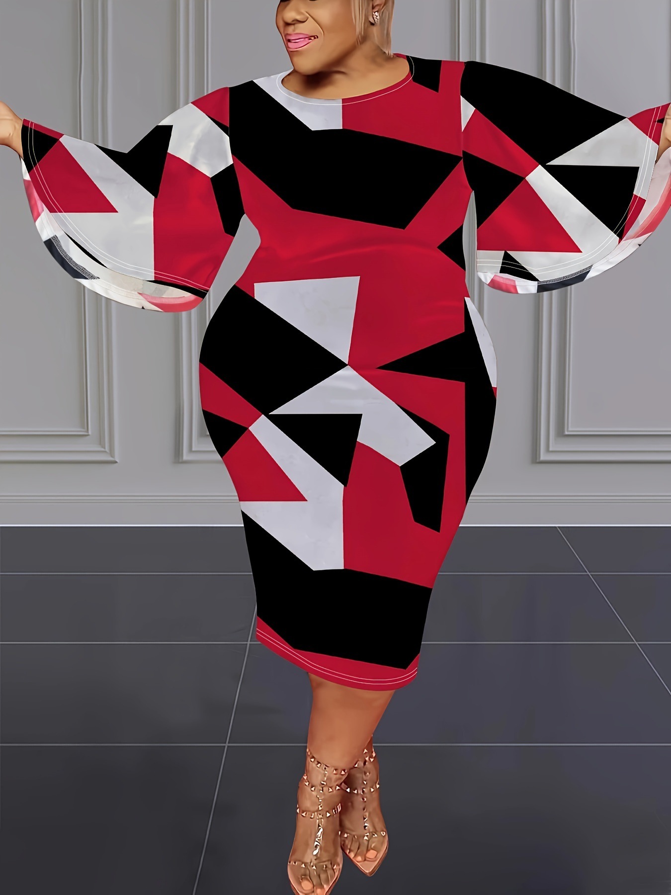 Contrast Color Geometric Print Loose Large Bell Sleeve Dress