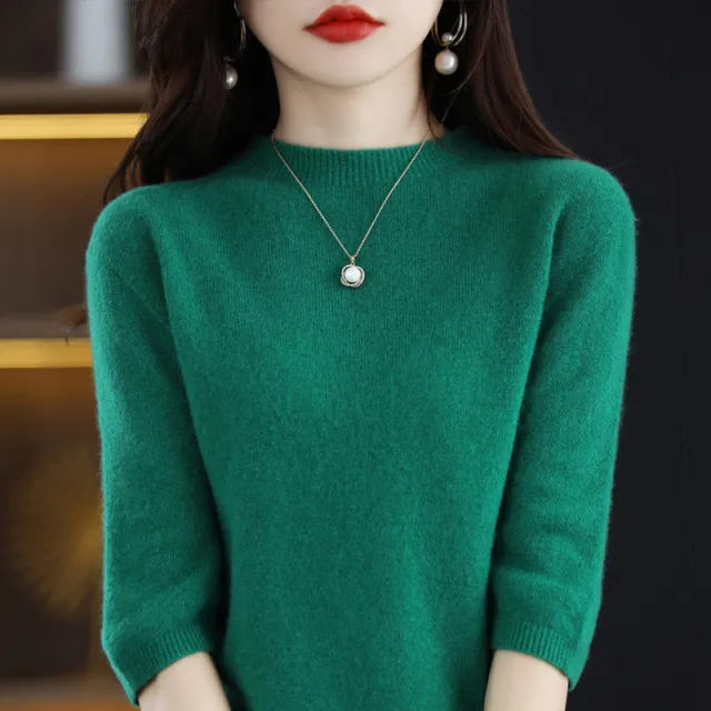 Pure Wool Women's Half Turtleneck Short Pullover Base Knitwear Three quarter Sleeve Sweater Emerald Xl - Shop at LoveMi