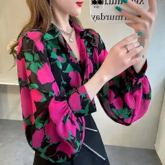 New Loose Lantern Sleeve Chiffon Printed Shirt For Women - Rose - View 1
