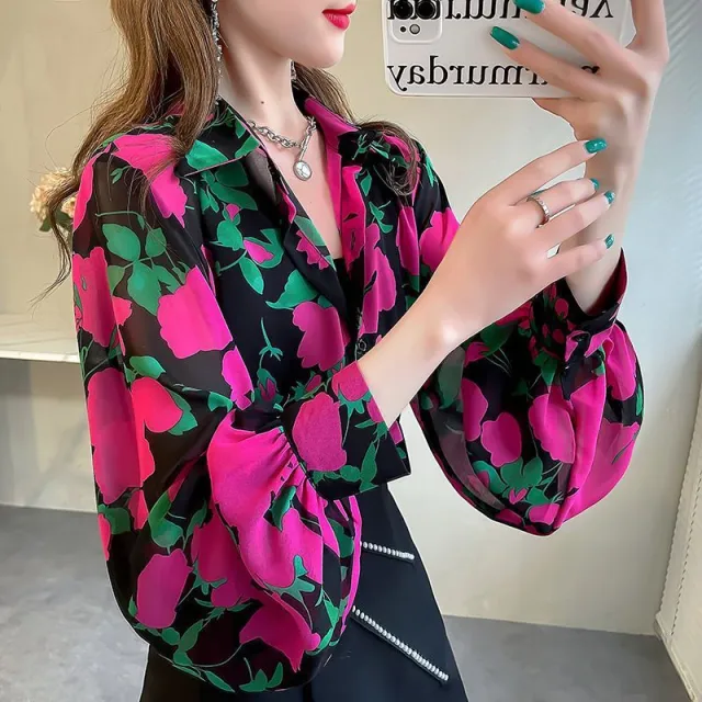 New Loose Lantern Sleeve Chiffon Printed Shirt For Women Rose Red - Shop at LoveMi
