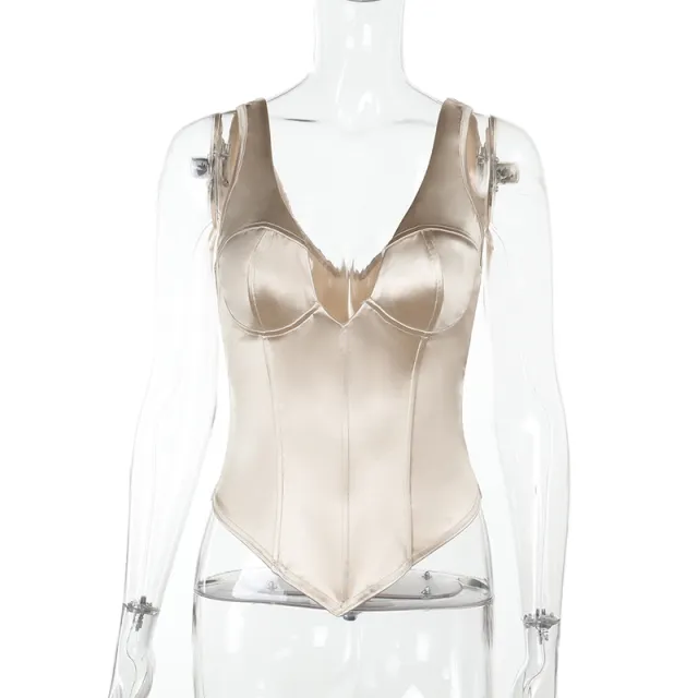 Sporty Yoga Satin Corset V neck Top Champagne L - Shop at LoveMi