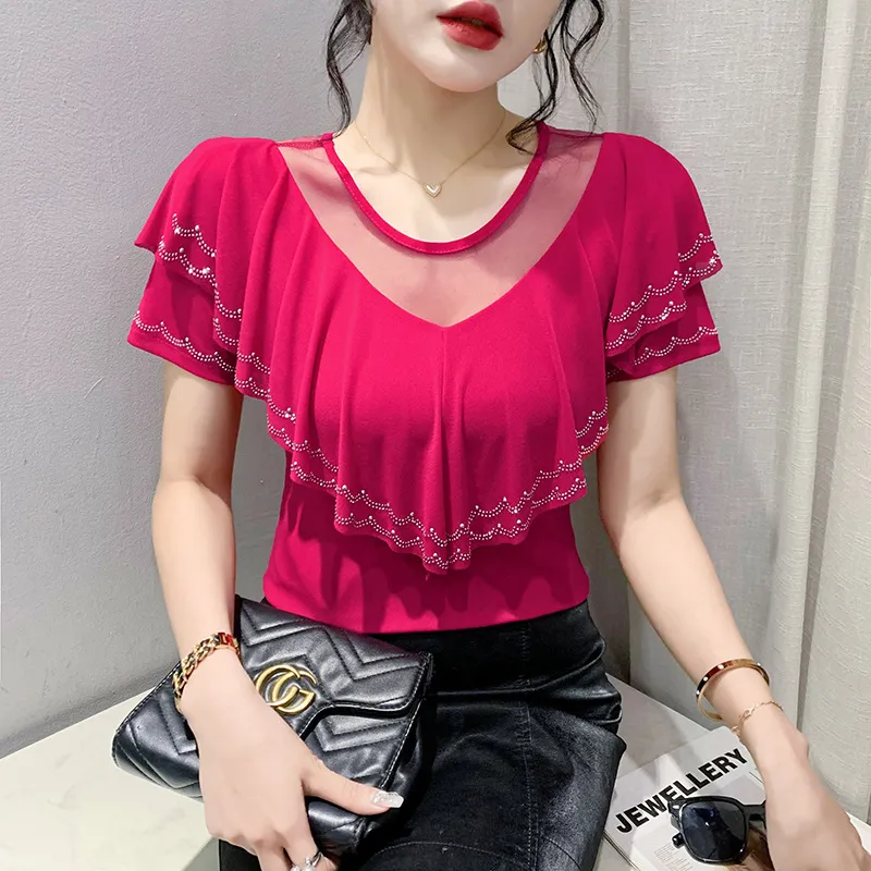 Heavy Embroidery Hot Drilling Fashion V-neck Flounce Diamond Short Sleeve Women - Rose Red