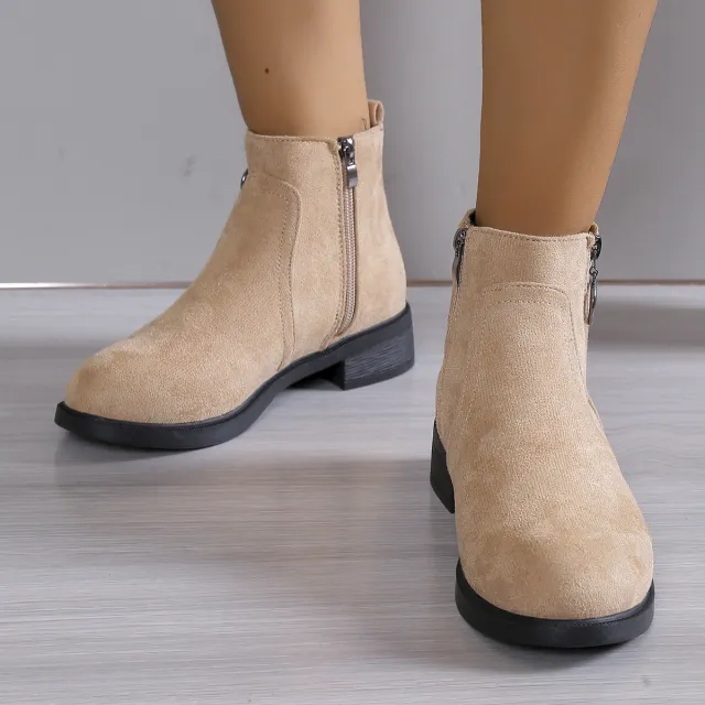 Square Heel Suede Round Buckle Side Zipper Short Tube Female Plus Size Brown - Shop at LoveMi
