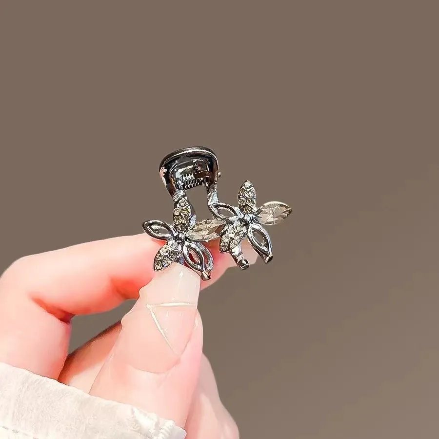Rhinestone Small Size Broken Hair Side Hairpin - Double Flower Small Jaw Clip