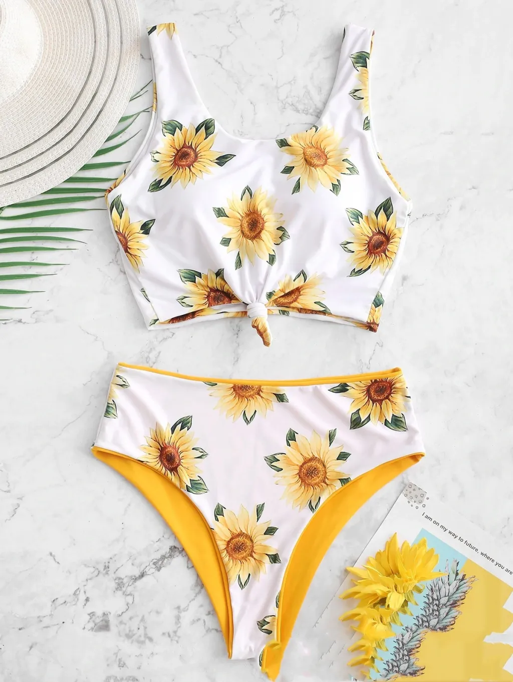 Printed SUNFLOWER Bikini Split Swimsuit For Women - Yellow