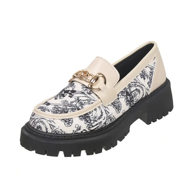 Plus Size National Style Muffin Platform Loafers Female Fashionable Golden Chain Beige - Shop at LoveMi
