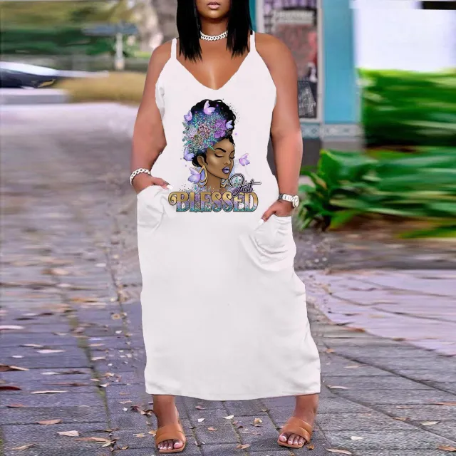 European And American Sexy V neck Loose Slim Strap Midi Plus Size Printed Dress 2 White Female Head - Shop at LoveMi