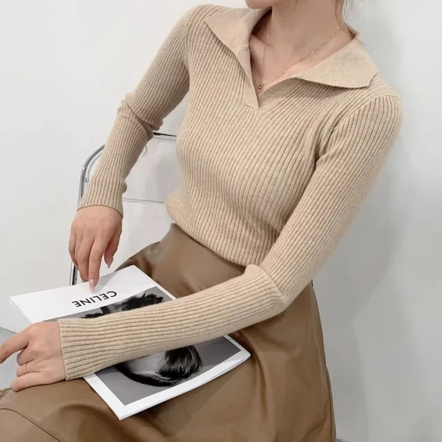 V neck Long sleeved Sweater Women's Lapel Polo Collar Sweater Khaki - Shop at LoveMi