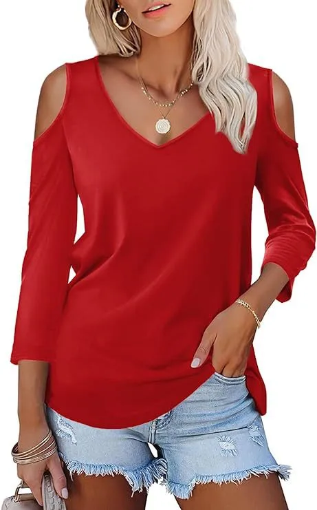 Off the shoulder Women's Solid Color Long Sleeve V neck Formal Casual Top Summer Red - Shop at LoveMi