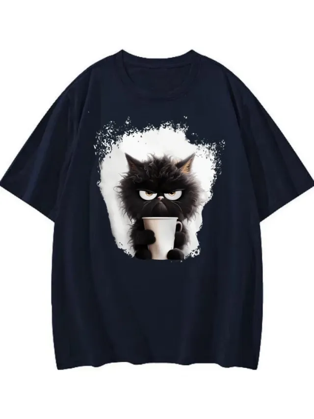 Women's T Shirt Tee Cat Daily Weekend Black Print Short Slee Blue - Shop at LoveMi