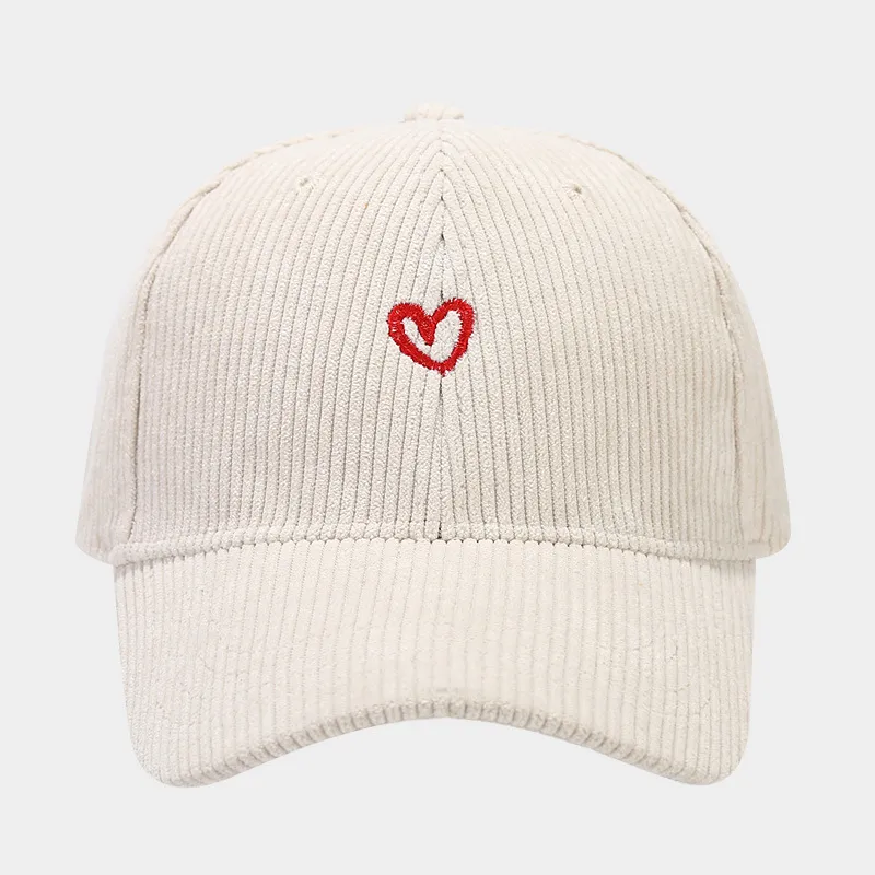 Spring And Autumn New Small Love Embroidered Corduroy Baseball Cap - White