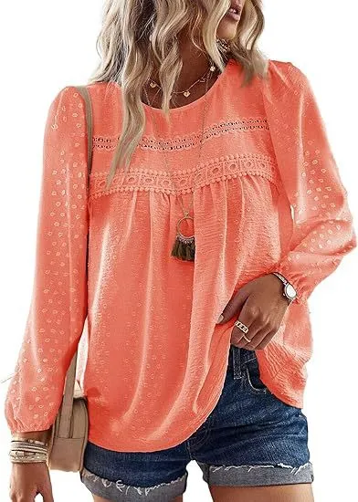 Bohemian Minimalist Chic Round neck Chiffon Top With Multicolored Lace Trim Orange - Shop at LoveMi