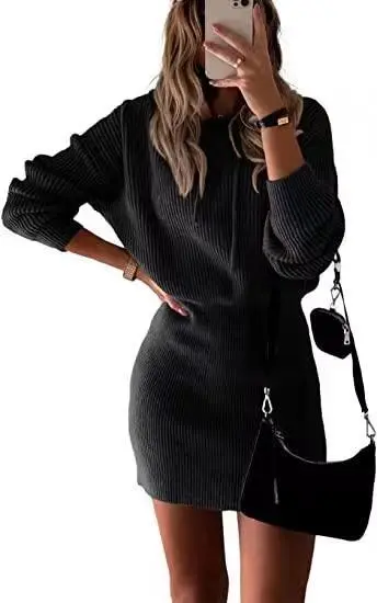 Women's Fashionable Elegant Knitted Hooded Dress Black - Shop at LoveMi