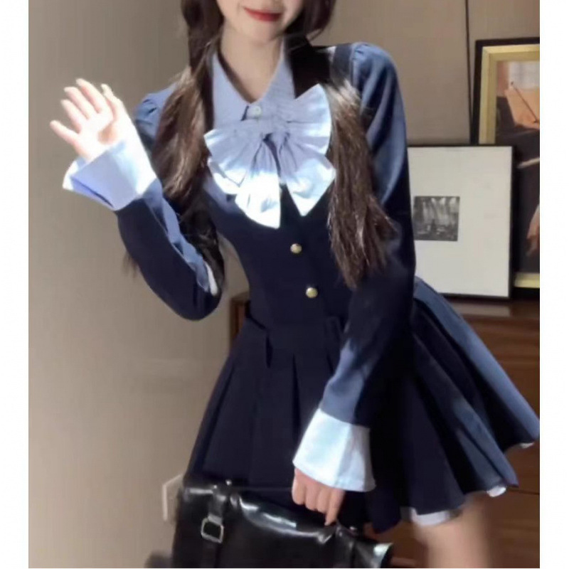 College Style Stitching Design Sense Female Atmosphere Wear Match Dress Navy - Shop at LoveMi