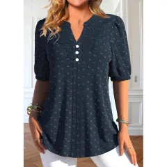 Plus Size Navy Blue Button Short Sleeve Shirt - Navy Blue - View 1