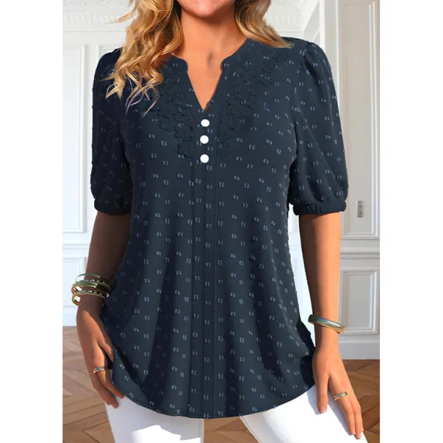 Plus Size Navy Blue Button Short Sleeve Shirt Navy Blue - Shop at LoveMi