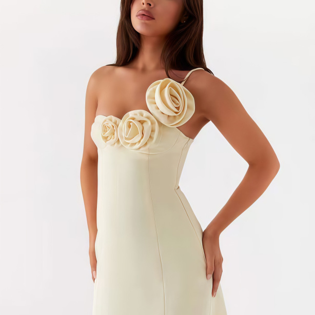 One-Shoulder Dress With Three-Dimensional Floral Embellishments