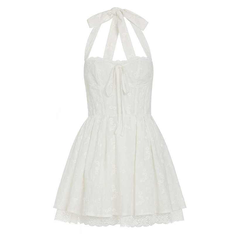 Ballet style French Low neck Waist tight Lace Trim Dress White - Shop at LoveMi