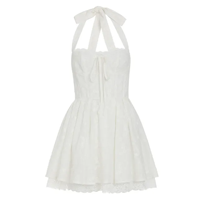 Ballet style French Low neck Waist tight Lace Trim Dress White - Shop at LoveMi