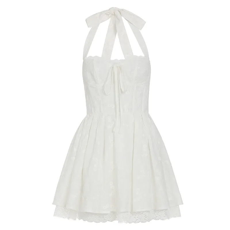 Ballet-style French Low-neck Waist-tight Lace Trim Dress - White