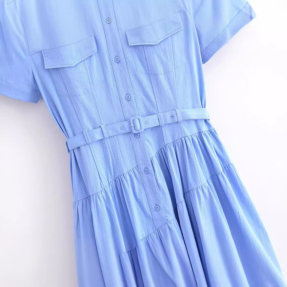 Fashion Polo Collar Short Sleeve Single-breasted Ruffled Dress