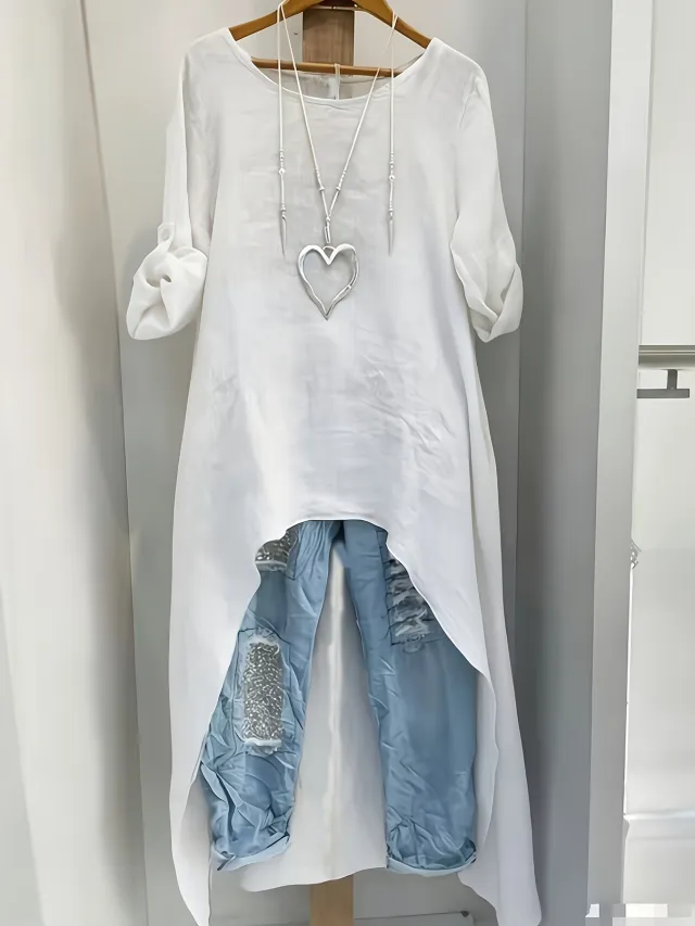 Womens Irregular Long Linen Top With A Crew Neck White - Shop at LoveMi