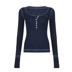 Vintage Embroidered Small Icon Knitted T-shirt - Dark Blue - View 1