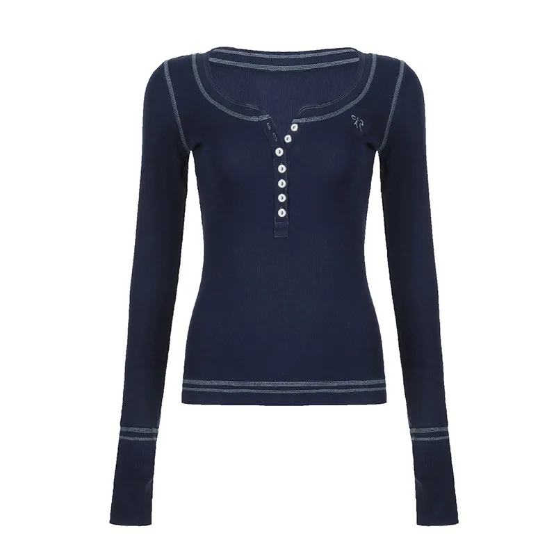 Vintage Embroidered Small Icon Knitted T-shirt - Dark Blue