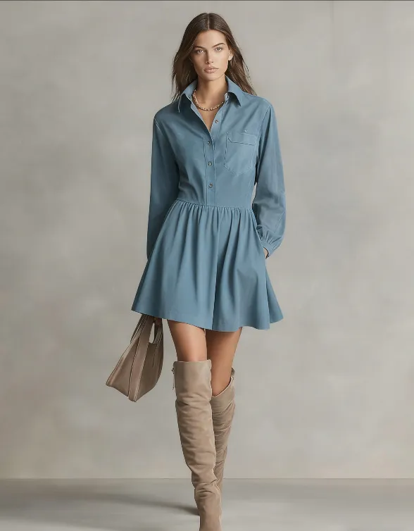 Women's Fashion Long sleeve Single breasted Shirt Dress Blue - Shop at LoveMi