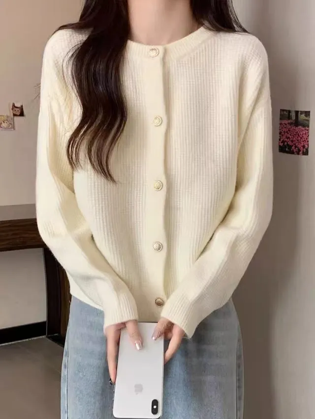 Fresh Round Neck Knitted Cardigan Spring And Autumn Design Younger Petite Top Candy Color Knitted Women's Coat Beige - Shop at LoveMi