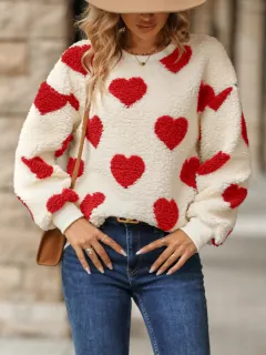 Female Plush Loving Heart Printed Loose Long Sleeves Crew Neck Pullover Sweatshirt - Red Love - View 1