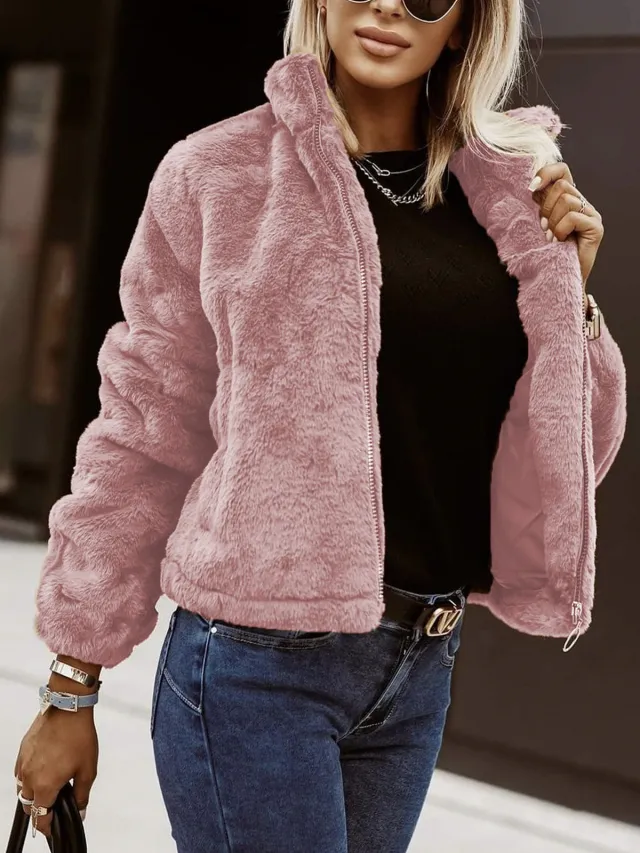 Summer Rabbit Fur Faux Leather Zipper Cardigan Plush Warm Coat Pink - Shop at LoveMi