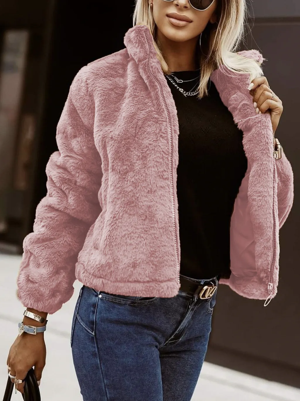 Summer Rabbit Fur Faux Leather Zipper Cardigan Plush Warm Coat - Pink