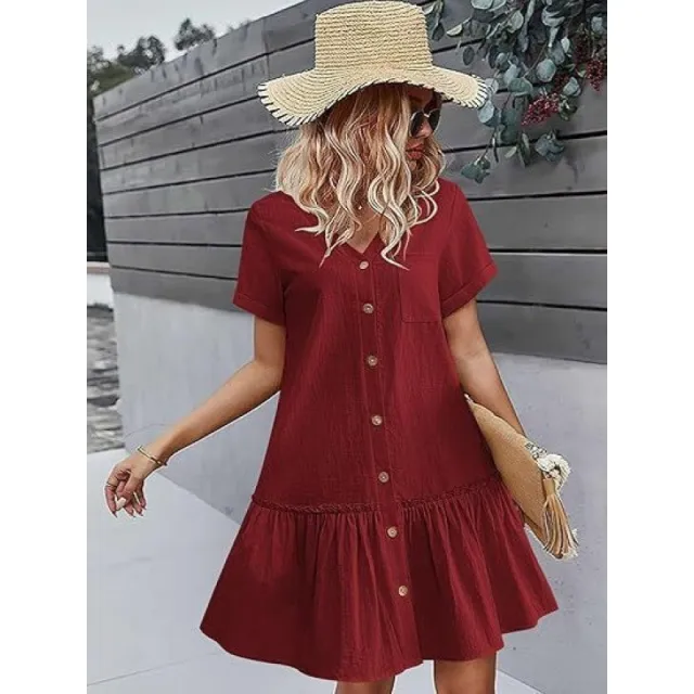 Women's Loose Summer Cotton And Linen Dress Red - Shop at LoveMi