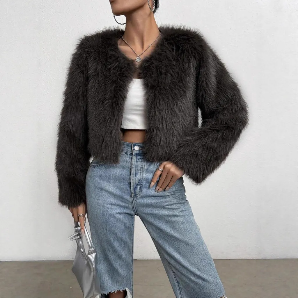Fashionable Winter Wear Thickened Warm Long-sleeved Cardigan Fur Coat - Black