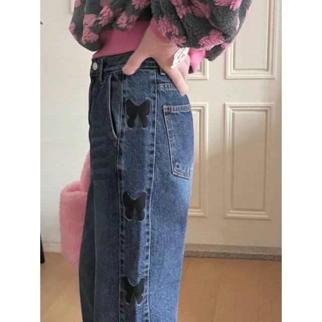 Embroidered Bow Cute Teenage Leisure Blue Jeans Blue - Shop at LoveMi